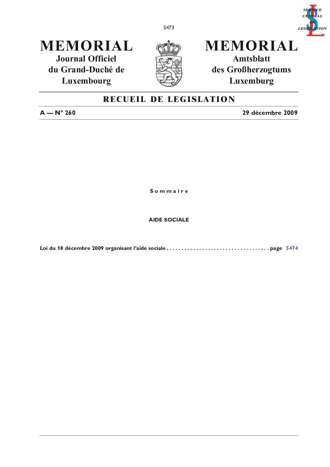 Loi du 18 décembre 2009 portant sur l'aide sociale