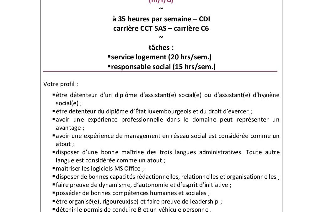 Poste vacant – assistant(e) social(e) (m/f/d)