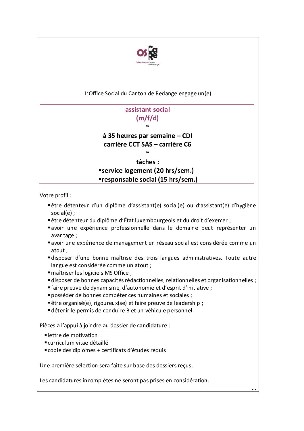 Poste vacant – assistant(e) social(e) (m/f/d)